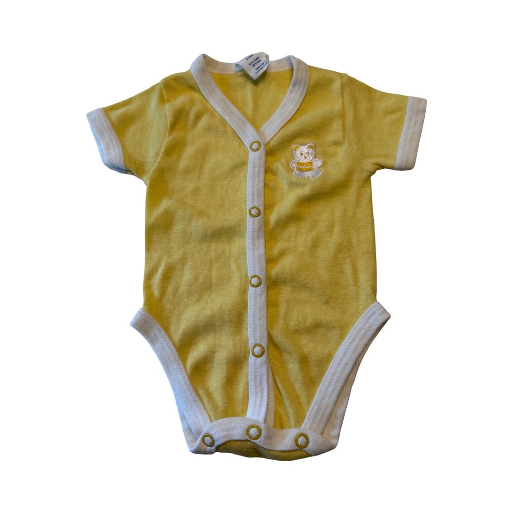 Vintage Mothercare Yellow Teddy Bear Snap Bodysuit 6 Months Made in USA Ringer